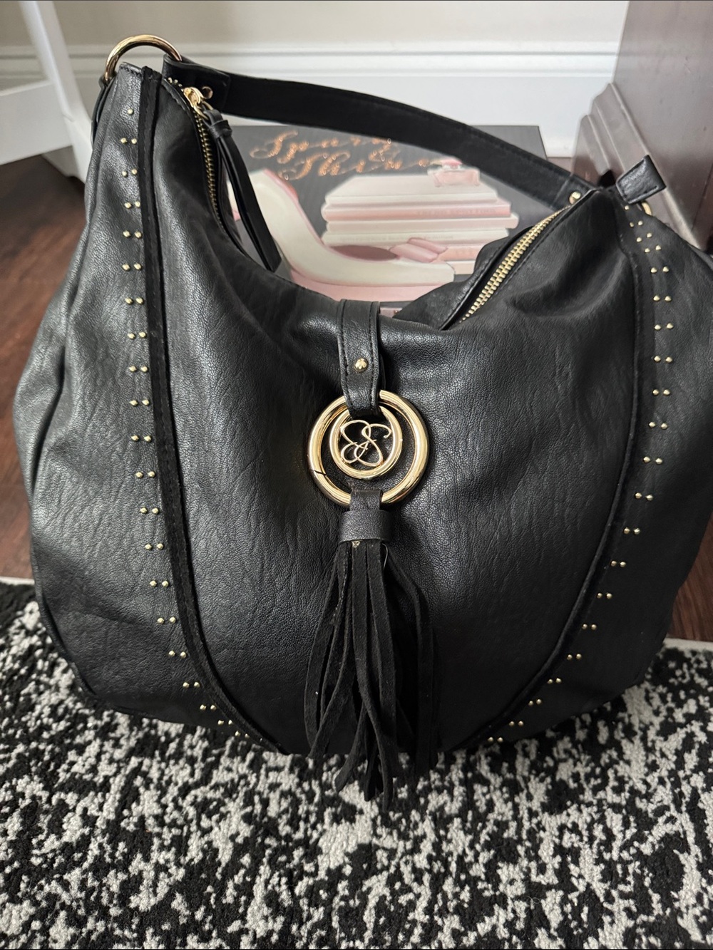Jessica Simpson Black Studded Faux-Leather Hobo Bag with Tassel Accent